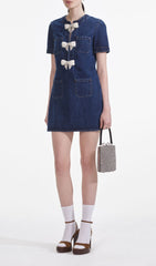 Chic Pearl Bow Denim Mini Dress