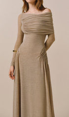 Gaia Elegant Ruched Off-Shoulder Long Sleeve Maxi Dress