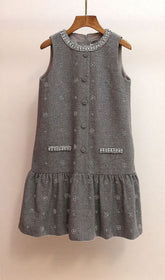 Hasana Sparkling Grey Tweed Sleeveless Mini Dress with Crystal Embellishments