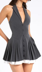 Dhriti Grey Tailored Halter Mini Dress with Pleated Skirt