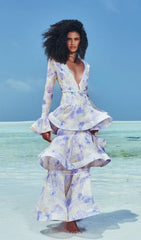 Enfys Blue Dreamy Floral Tiered Maxi Dress with Bell Sleeves