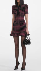 Chic Black & Red Plaid Knit Mini Dress with Removable Bow