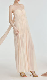 Fintan Apricot Strapless Pleated Mesh Maxi Dress