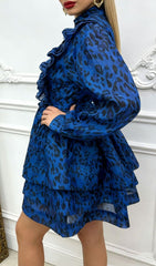 Jennica Electric Blue Leopard Print Ruffle Mini Dress with Tie-Waist