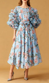 Jordin Romantic Ruffle Sleeve Floral Midi Dress