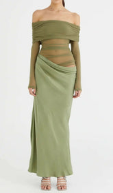 Dawood Green Draped Off-Shoulder Mesh Maxi Dress