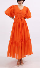 Fausto Vibrant Orange Puff Sleeve Tiered Maxi Dress