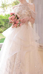Chione Dazzling Champagne Halter Sequin Mesh Maxi Dress with Romantic Off-Shoulder Sleeves