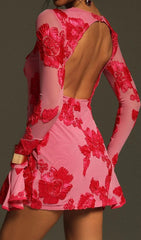 Carita Rose Red Floral Backless Mini Dress
