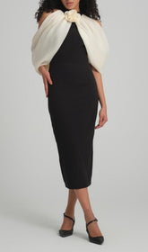 Bess Black Midi Dress with Elegant Off-Shoulder Floral Drape