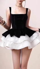 Chic Black Velvet & White Ruffle Mini Dress