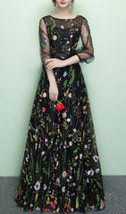 Dannell Elegant Black Floral Embroidered Mesh Sleeve Maxi Dress