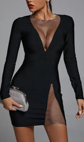 Ela Glamour Mesh Sequin V-Neck Bodycon Mini Dress with Slit