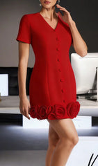 Ferdy Chic Red V-Neck Mini Dress with 3D Rose Hem Detail