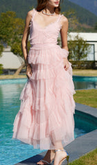 Ethereal Pink Ruffle Tiered Tulle Maxi Dress