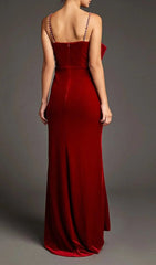 Luxurious Dark Red Velvet-Look Bow Mermaid Maxi Dress with Seductive Slit