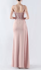 Elegant Blush Pink Beaded Corset Maxi Dress