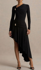 Nedelya Chic Black Asymmetrical Draped Midi Dress