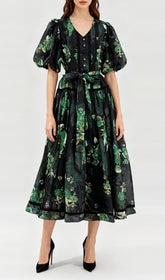 Indah Vibrant Floral Puff-Sleeve Midi Dress