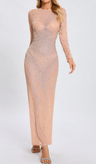 Dazzling Nude Crystal Mesh Maxi Dress