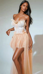 Kalene Enchanting Apricot Strapless Tulle Ruffle Gown
