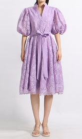 Enchanting Lavender Lace Puff Sleeve Midi Dress
