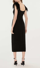 Cari Black Feather & Crystal Bow Midi Dress