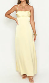Devota Yellow Satin Strappy Backless Maxi Dress