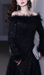 Showstopping Black Sequin Feather Off-Shoulder Long Gown