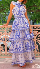 Earlene Blue & White Porcelain Print Tiered Maxi Dress