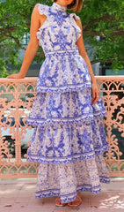 Earlene Blue & White Porcelain Print Tiered Maxi Dress