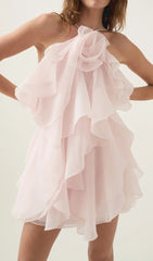 Pandorea Dreamy Pastel Pink Ruffle Halter Mini Dress