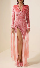 Jasmine Pink Velvet Ruched Maxi Gown