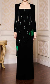 Hedya Black Velvet & Emerald Crystal Statement Maxi Gown