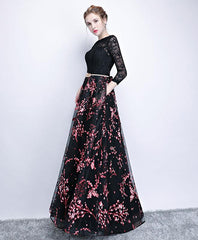 Black Lace and Pink Floral Tulle Long Party Dress