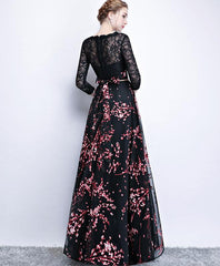 Black Lace and Pink Floral Tulle Long Party Dress