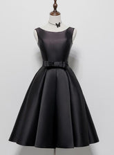 Black Satin Knee Length Round Neckline Party Dress