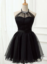 Cute Black Tulle Halter Short Homecoming Dress