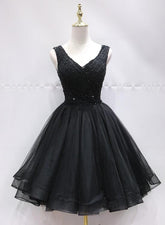 Black Tulle V Back Beaded Knee Length Homecoming Dress