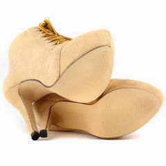 botas mujer Ankle Boots Autumn Platform Round Toe Side Zipper High Heels Pumps Lace-Up Flock Shoes