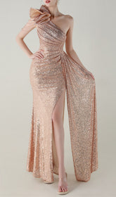 Ikia Dazzling One-Shoulder Sequin Maxi Gown with High Slit
