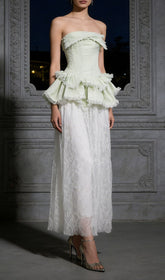 Jenis Sage Green Strapless Corset Peplum Lace Maxi Dress