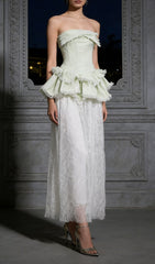 Jenis Sage Green Strapless Corset Peplum Lace Maxi Dress