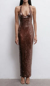 Fathia Halter Backless Bronze Sequin Maxi Dress