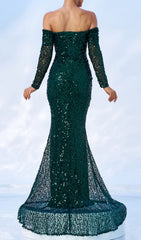Corbett Emerald Green Sequin Off-Shoulder Mermaid Maxi Gown