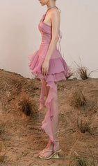 Devaki Pink Halter Ruffle Mini Dress