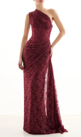 JoJo Wine Lace One-Shoulder Corset Maxi Dress