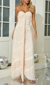 Elegant Ivory Strapless Pearl Maxi Dress