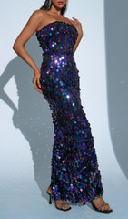 Fiene Dazzling Iridescent Sequin Strapless Maxi Gown