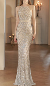 Colombe Champagne Halter Sequin Maxi Dress